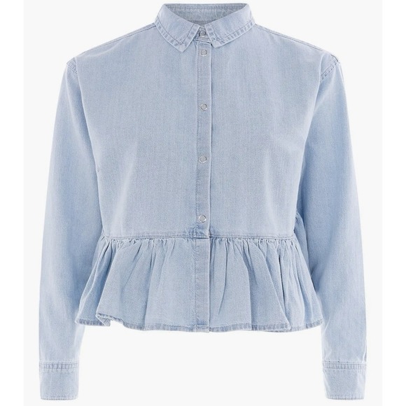 Topshop Tops - Topshop Blue Ruffle Peplum Hem Denim Shirt Snap Button Long Sleeve Women's 8
